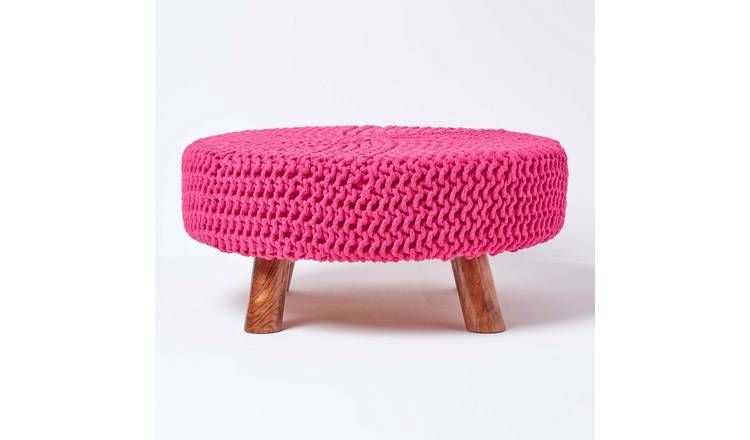 Homescapes Large Round Cotton Knitted Footstool with Legs – Hot Pink