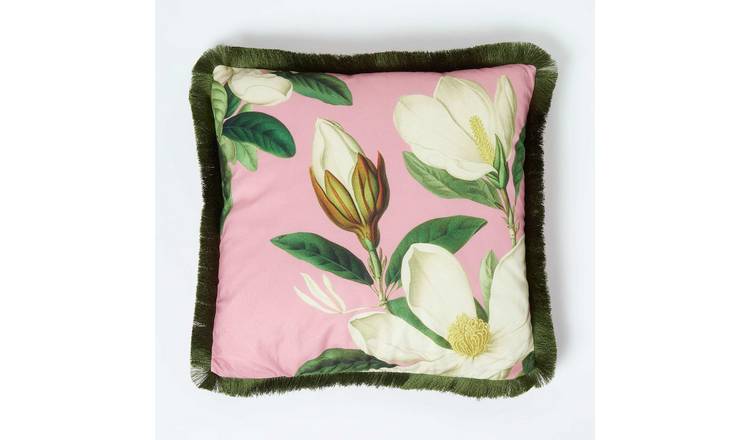 Homescapes Cotton Floral Fringe Cushion – 45 × 45 cm – Pink