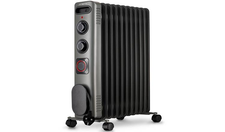 NETTA 2500W Oil Filled Radiator, 24 Hour Timer, Thermostat, 11 Fin - Sliver Grey