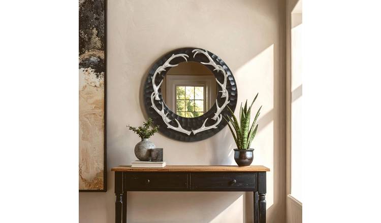 Orsina Stag Antler Brown and Nickel Finish Round Wall Mirror – Black