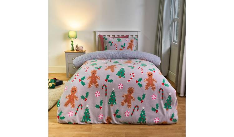 OHS Xmas Gingerbread Reversible Sherpa Fleece Bedding Set Grey - Single