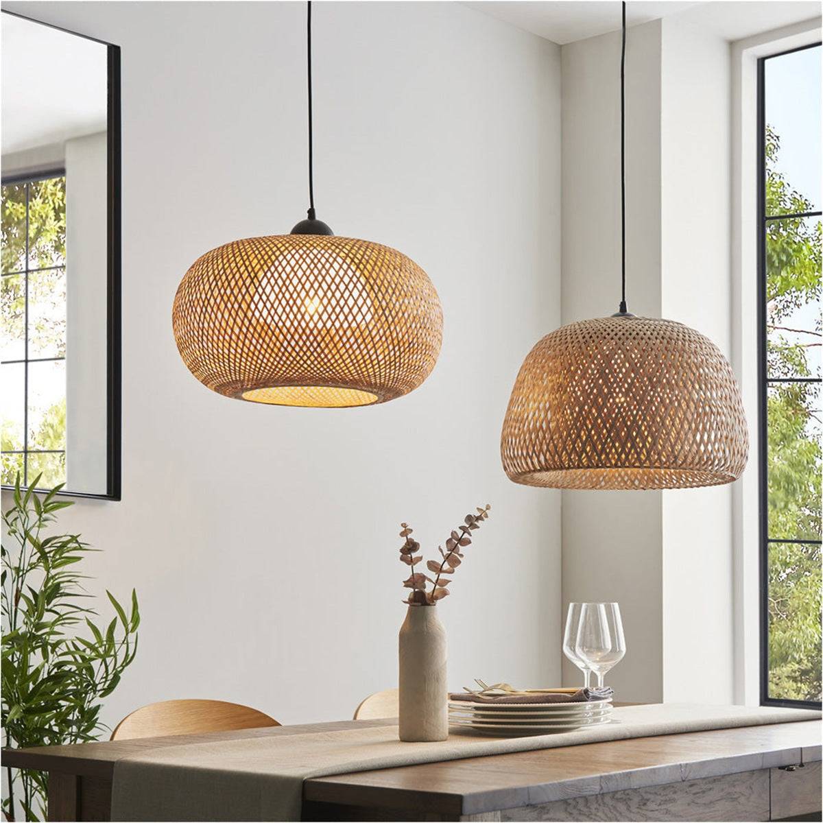 Loops Direct Set of 2 Rattan LED Pendant Lights - Natural Bamboo - Image 3