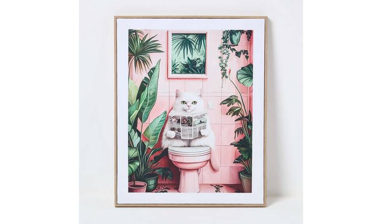 Homescapes Framed Canvas Print Cat On Toilet - White