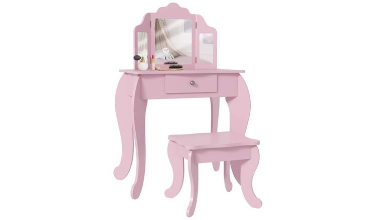 HOMCOM Foldable Dressing Table with Tri Folding Mirror and Stool - Pink