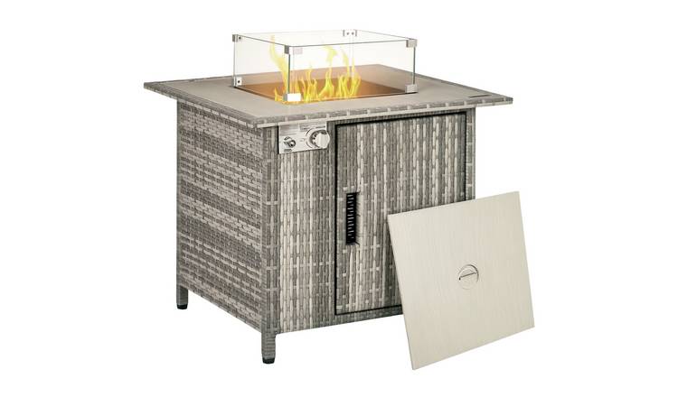 Outsunny Rattan Gas Fire Pit Table with Rain Cover - Grey