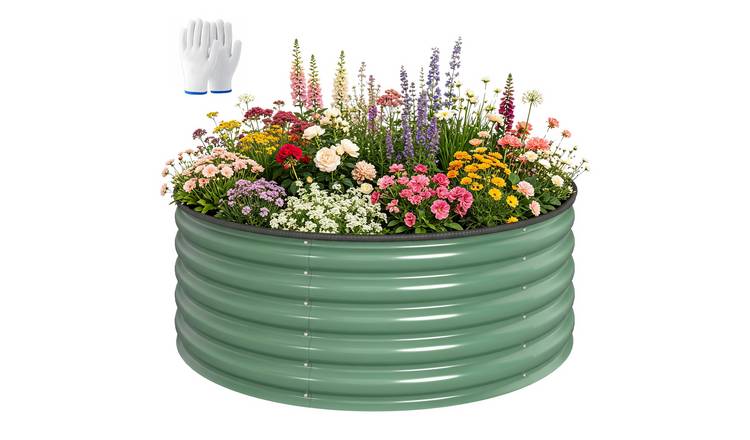 Outsunny Round Metal Raised Garden Bed with Safety Edging - Green