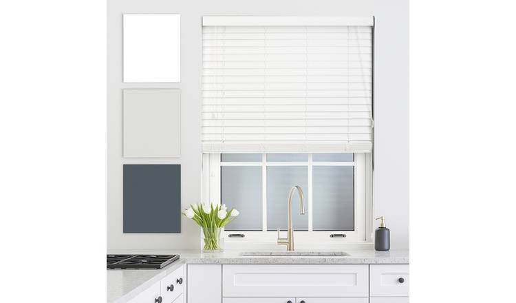 Furnished White Faux Wood Venetian Blind with String - 45 x 150cm
