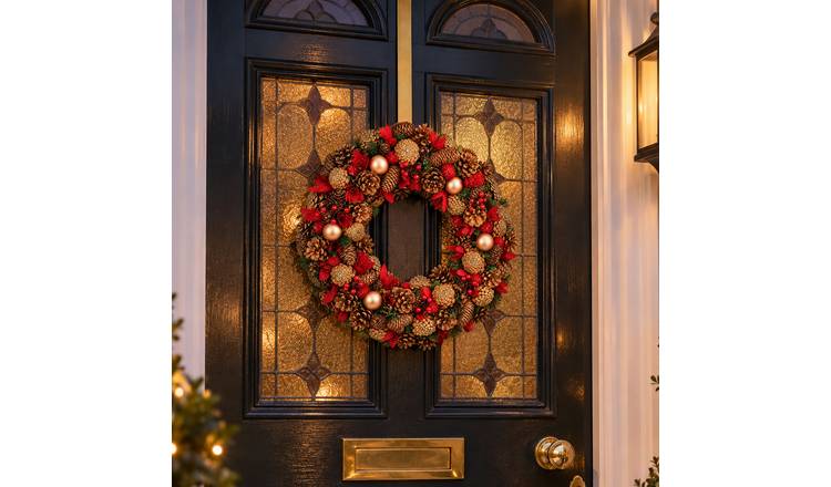 Neo 50cm Christmas Red Gold Pine Cone Festive Door Wreath Berries Baubles