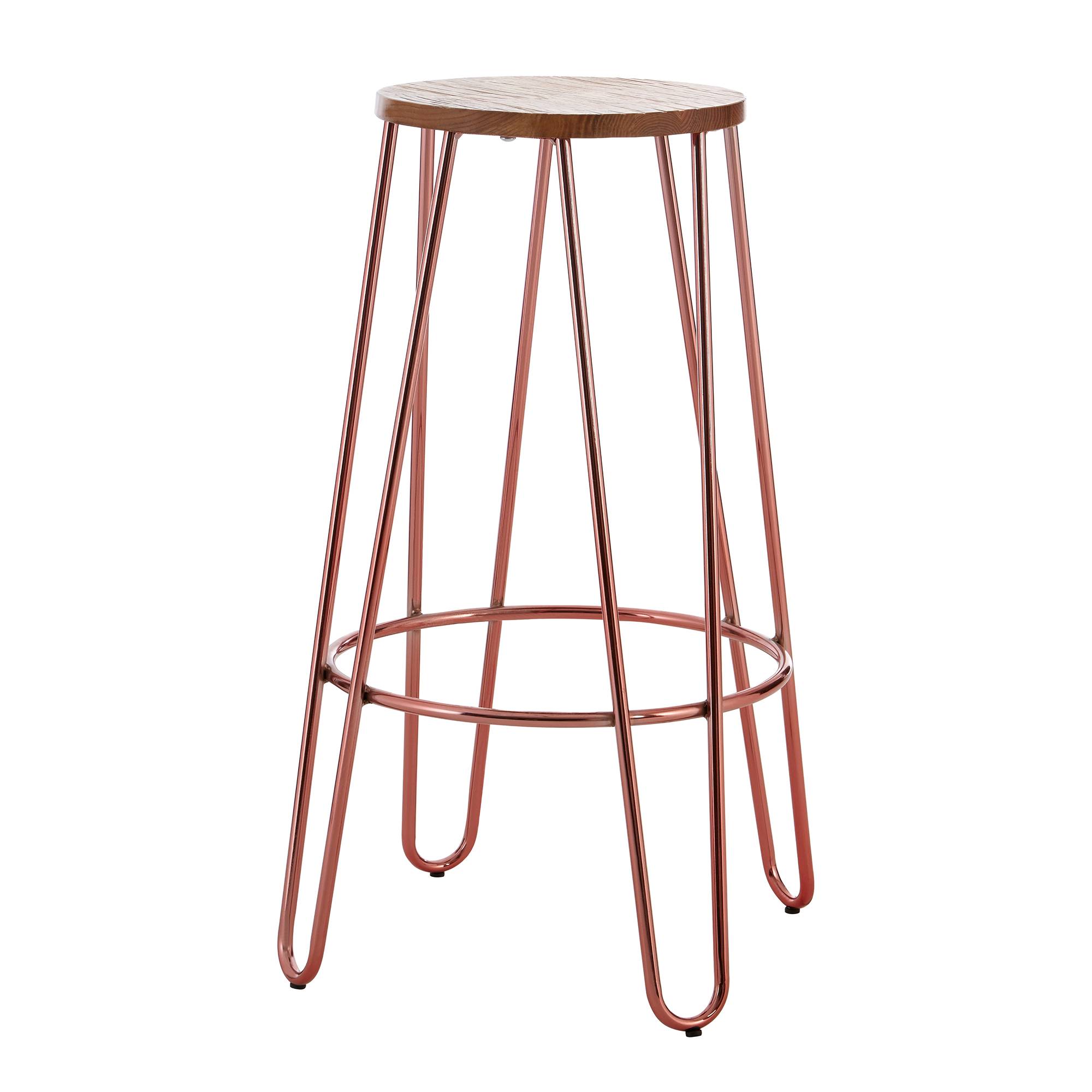 Orsina District Elm Wood Bar Stool – Natural and Rose Gold - Image 1