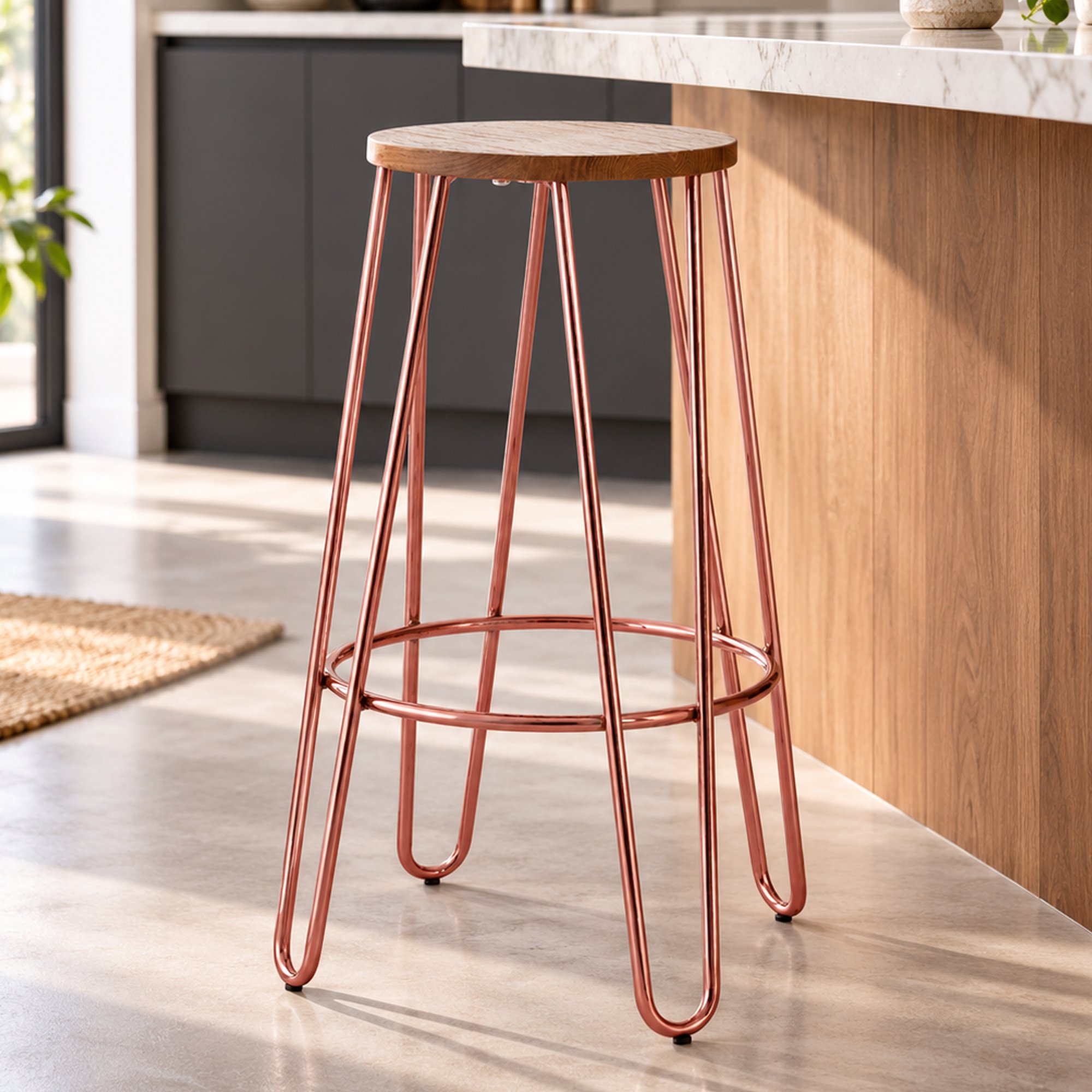 Orsina District Elm Wood Bar Stool – Natural and Rose Gold - Image 2