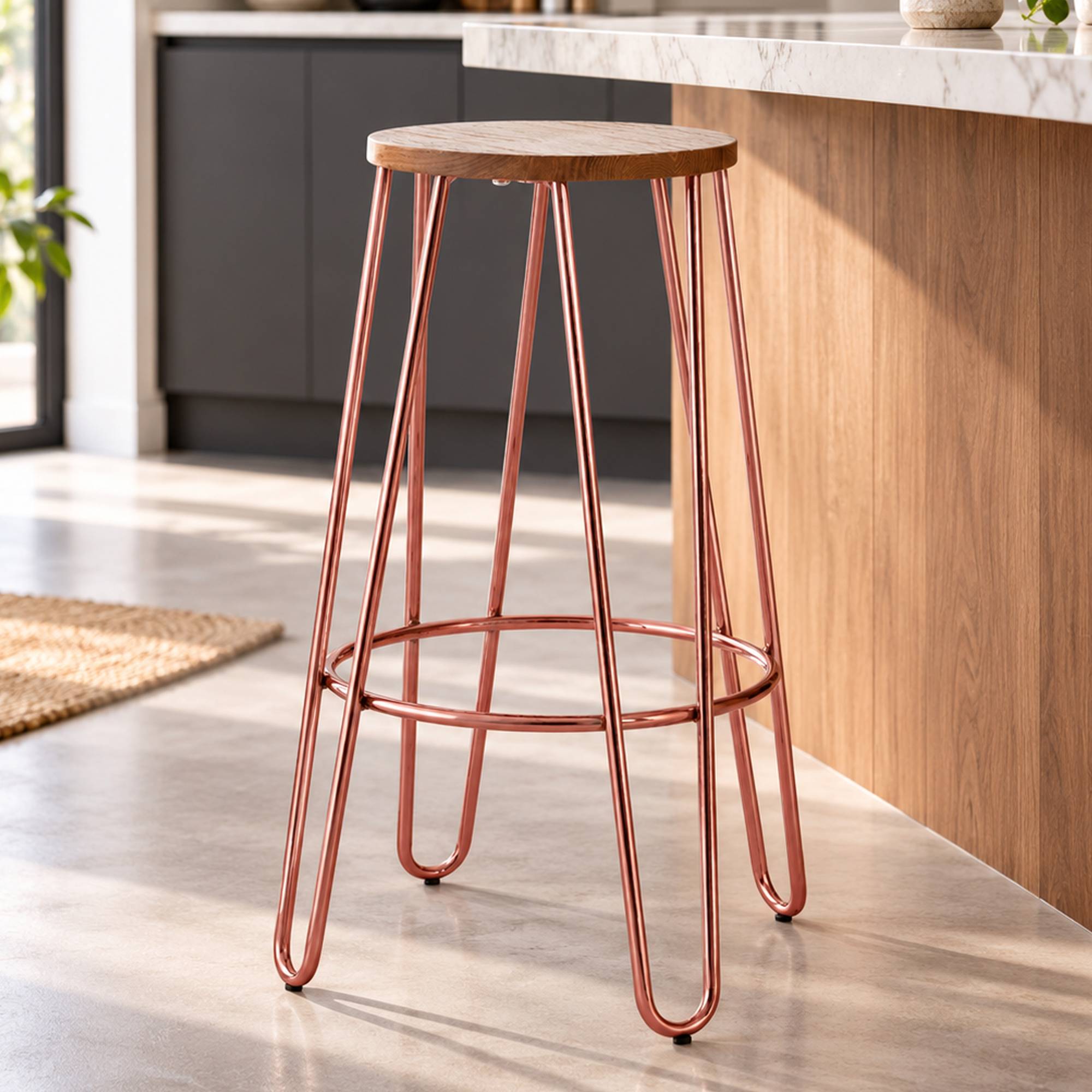 Orsina District Elm Wood Bar Stool – Natural and Rose Gold - Image 2
