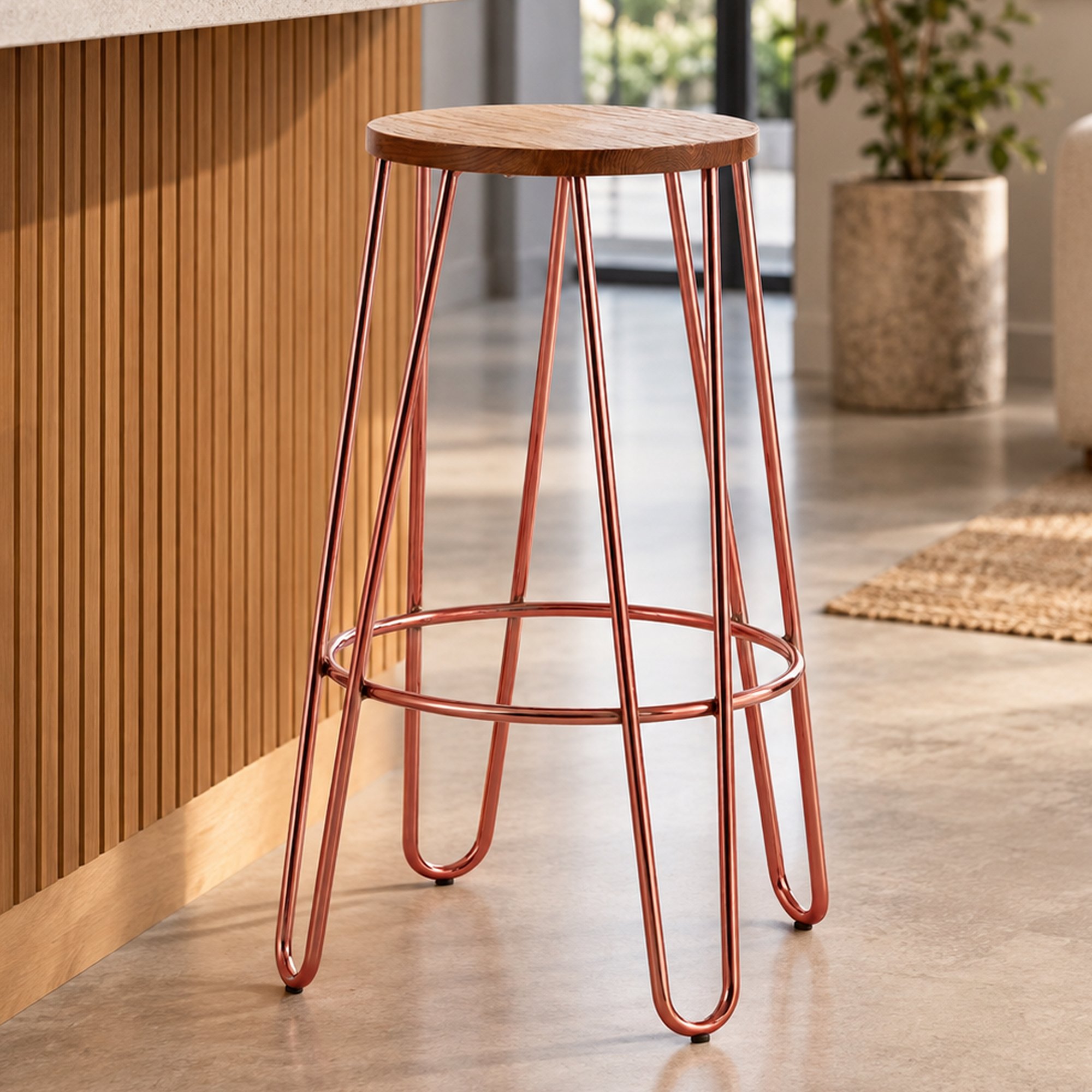Orsina District Elm Wood Bar Stool – Natural and Rose Gold - Image 3
