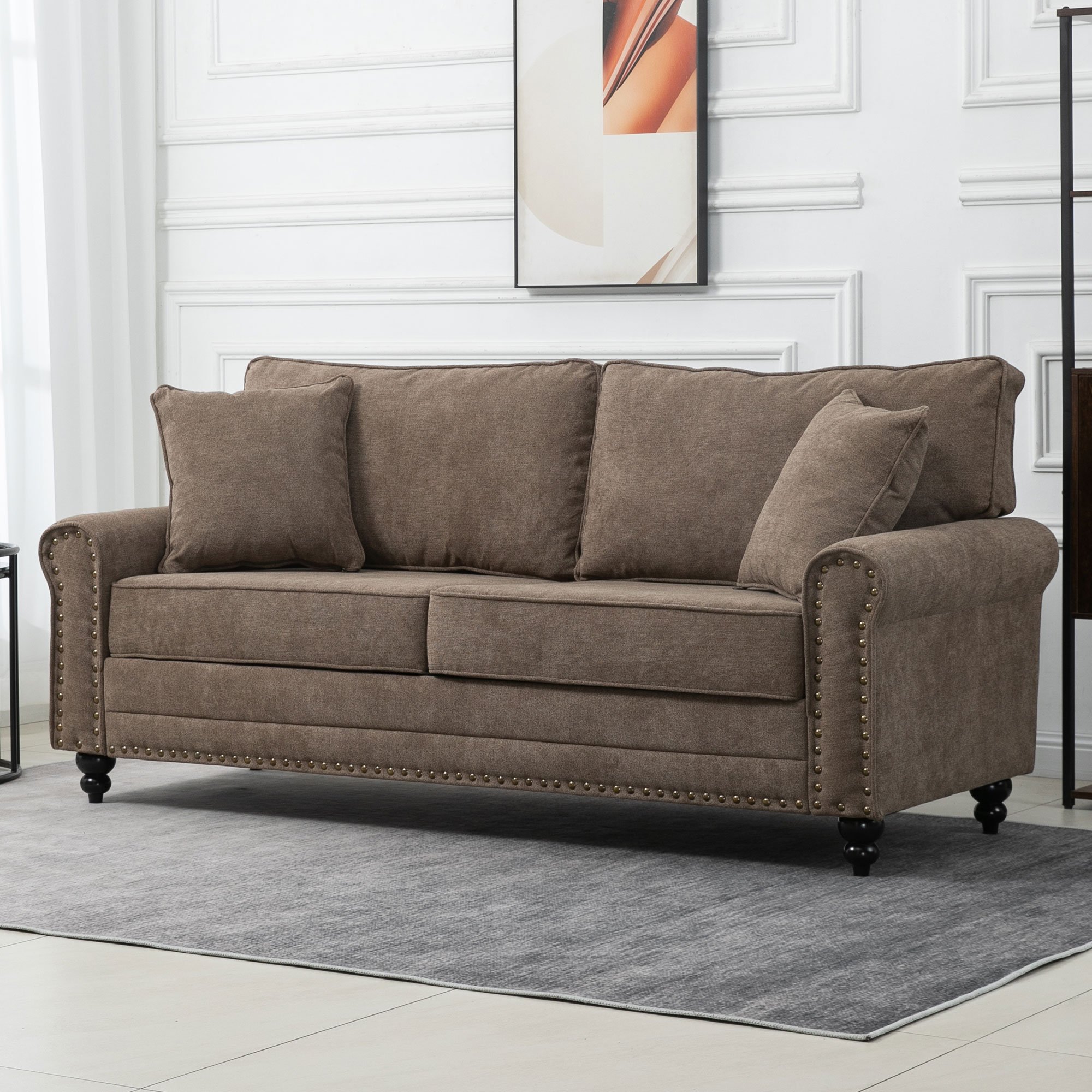 HOMCOM 3 Seater Fabric Sofa with Rubber Wood Legs - Brown - Image 5