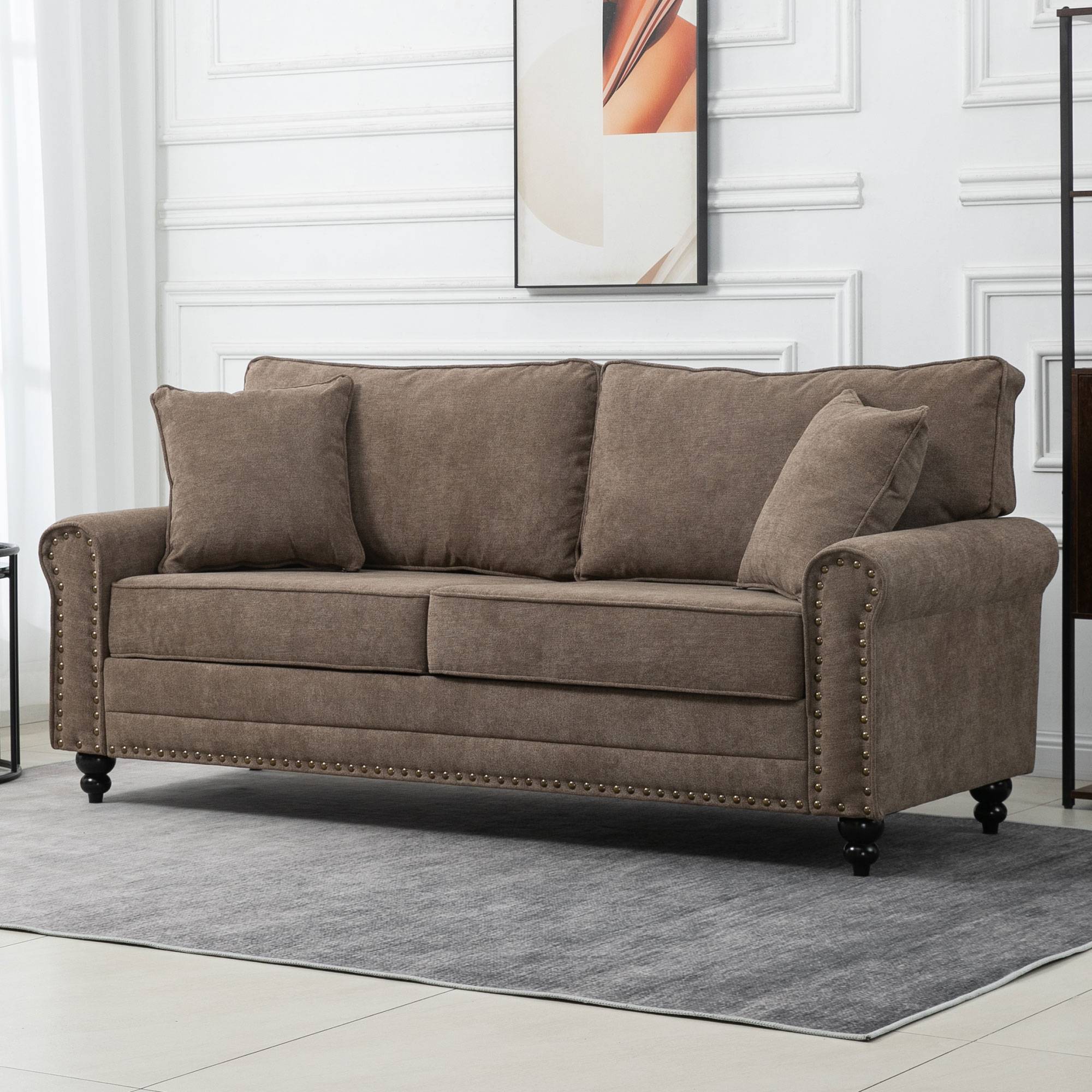 HOMCOM 3 Seater Fabric Sofa with Rubber Wood Legs - Brown - Image 5