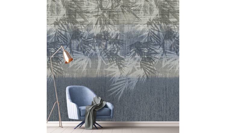 Grandeco Kamaru Leaf Silhouette 4 Lane Repeatable Wallpaper Mural  - Blue