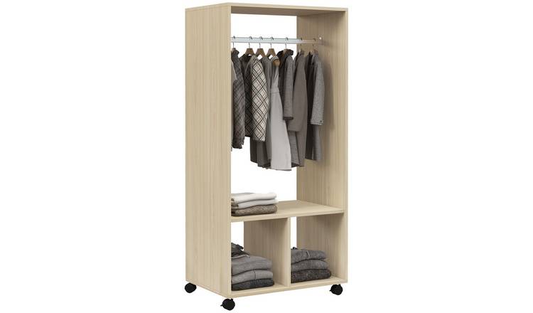 HOMCOM Open Wardrobe on Wheels with Clothes Hanging Rail - Natural Wood Finish