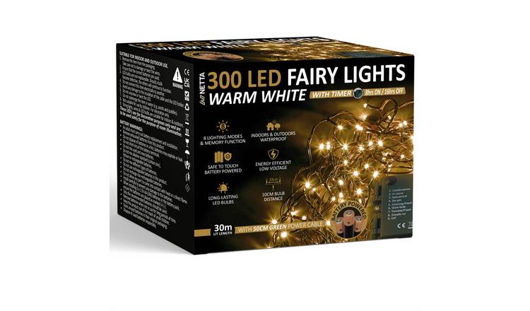 NETTA 30m 300 LED Battery Operated Christmas Fairy Lights - Warm White