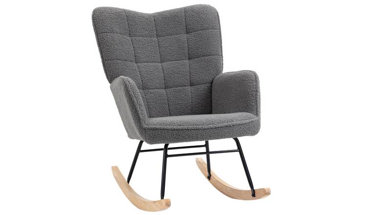 HOMCOM Fleece Wingback Rocking Chair with Wooden Base - Dark Grey