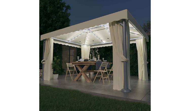 Walplus 4 x 3 m Gazebo with Curtain and LED String Lights - Cream White