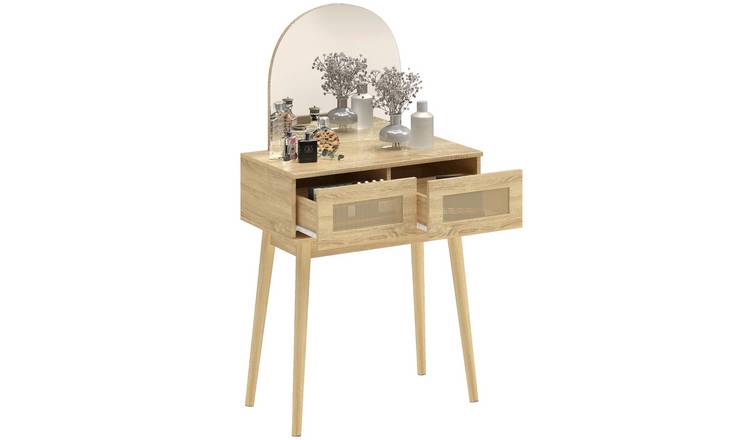 HOMCOM Dressing Table with Arched Mirror and 2 Drawers - Natural Wood Finish