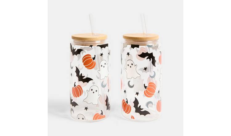 OHS Ghost & Bat Print Plastic Drinking Jars with Bamboo Lids - 2 Pack