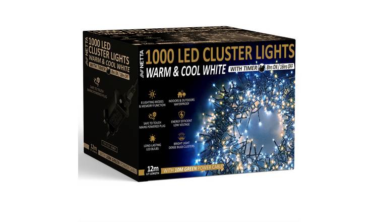 NETTA 1000 LED 12m Christmas Cluster Lights with Timer - Warm & Cool White