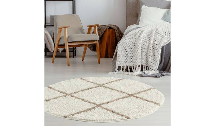 The Rugs  Cream and Beige Moroccan Shaggy Diamond Round Rug - 120cm