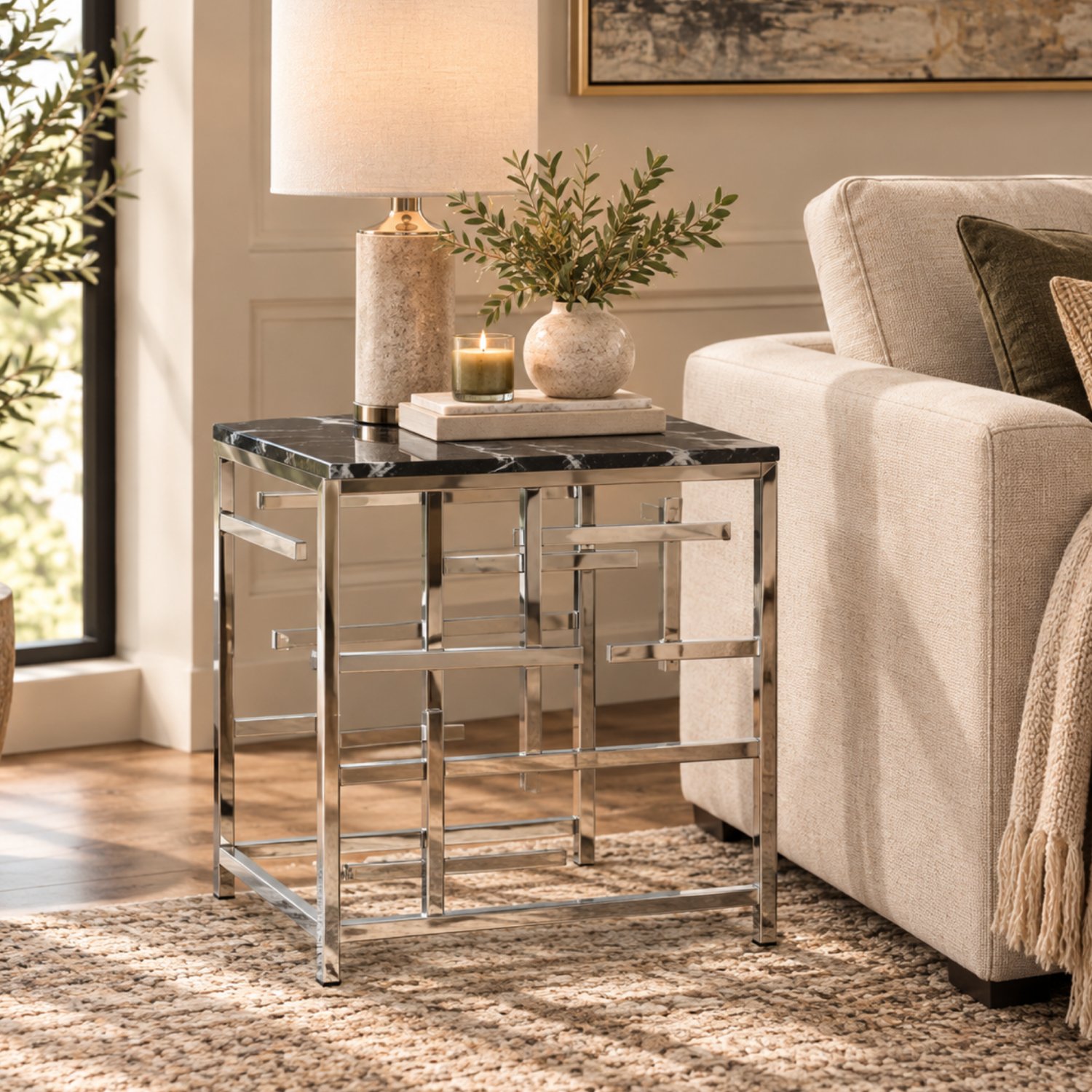 Orsina Marble and Metal Side Table – Black and Silver - Image 3