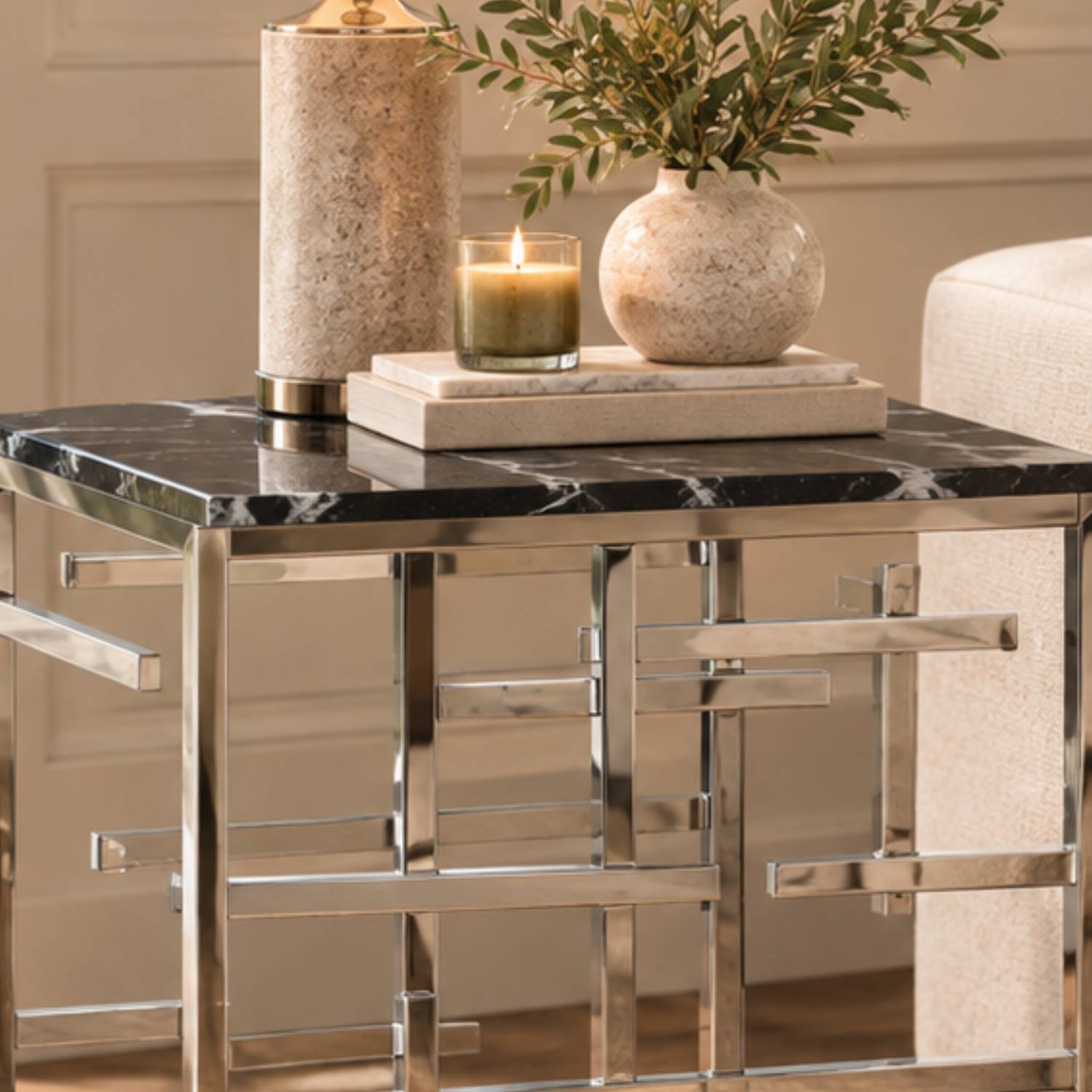 Orsina Marble and Metal Side Table – Black and Silver - Image 4