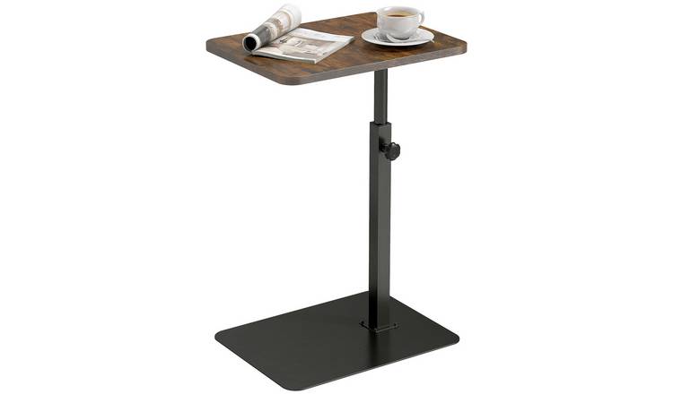 HOMCOM C Shaped Side Table with Adjustable Height and Metal Base - Rustic Brown