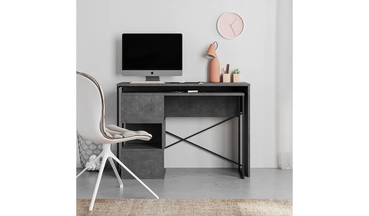 Decortie Badau Metal Frame L-Shaped Corner Desk Wood Effect Particleboard - Grey