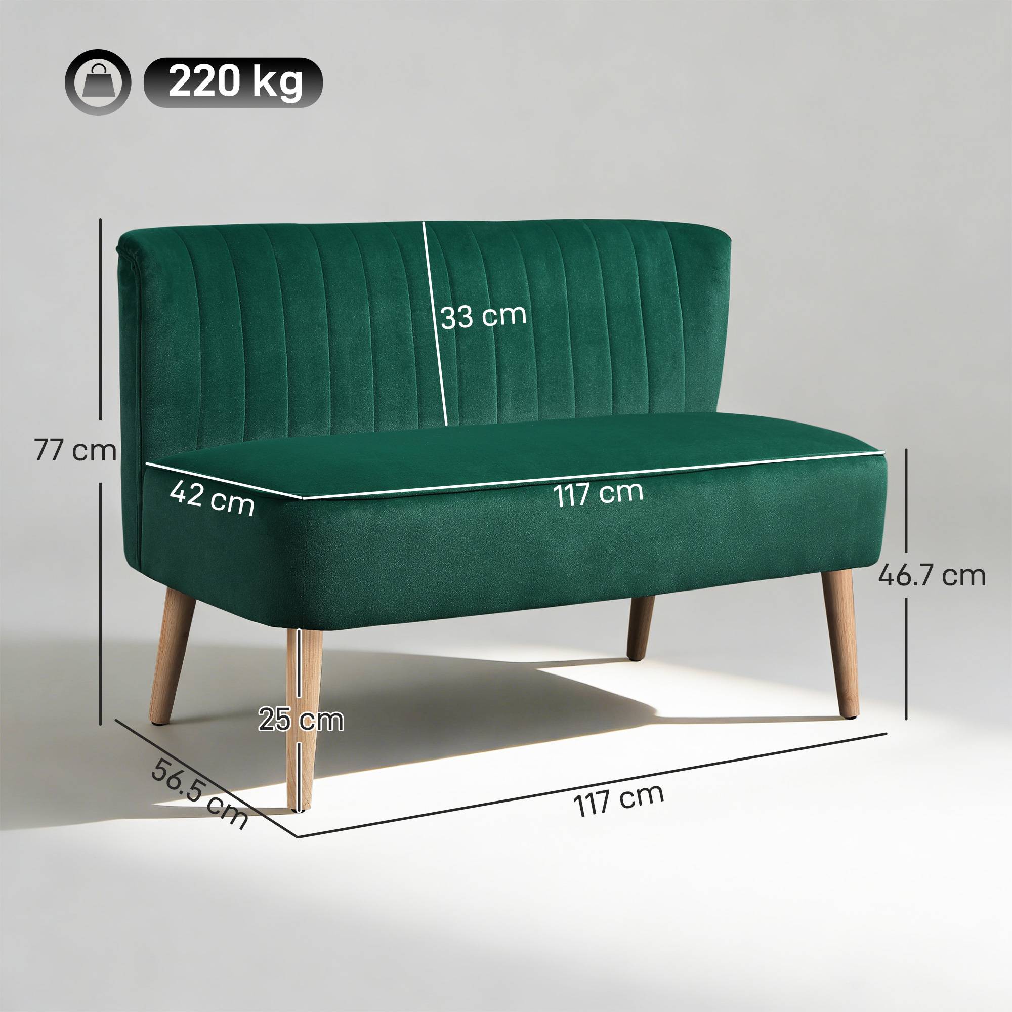 HOMCOM Modern Double Seat Sofa Foam Padding High Back - Green - Image 9