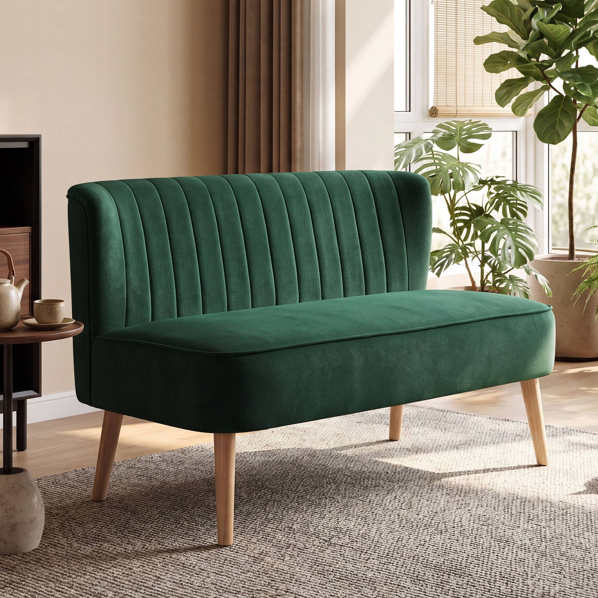 HOMCOM Modern Double Seat Sofa Foam Padding High Back - Green - Image 2