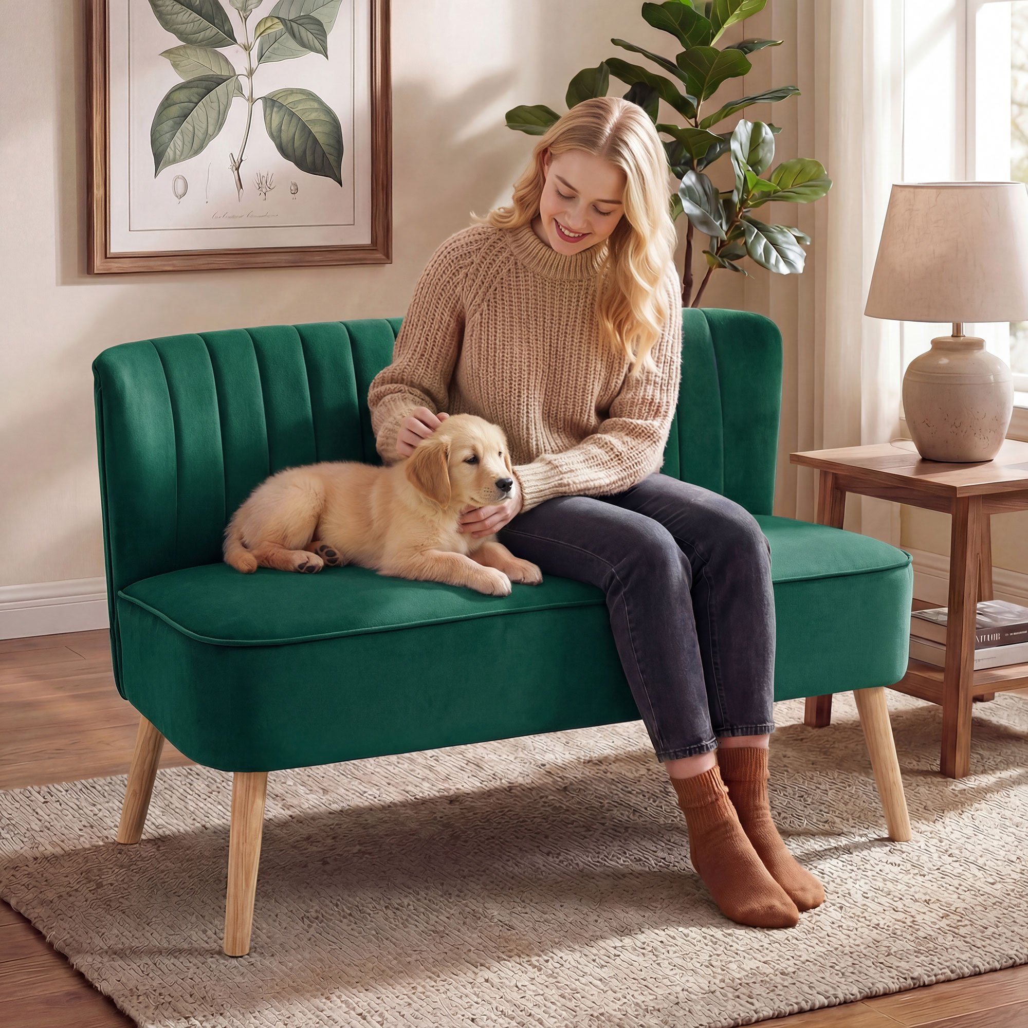HOMCOM Modern Double Seat Sofa Foam Padding High Back - Green - Image 7
