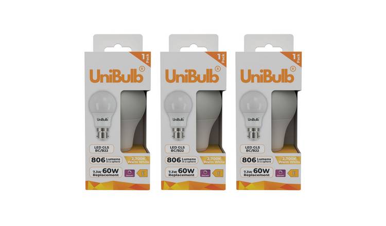 UniBulb 7.3W LED Warm White Dimmable GLS B22 Light Bulb - Pack of 3
