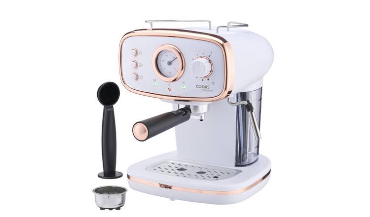 Cooks Professional Retro Espresso Machine 1.2L with Steam Wand - White/Copper