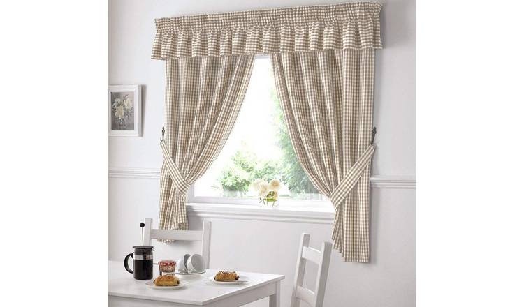 Alan Symonds Gingham Pencil Pleat Curtains - Beige - 117 x 122cm