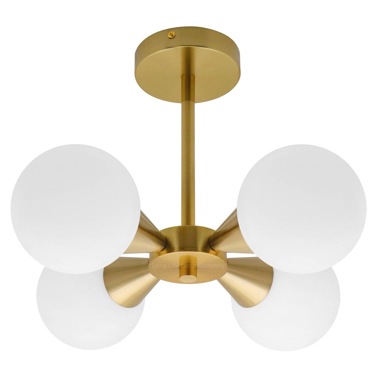 Energy Light Bulbs 4 Light Opal Globe Glass Semi Flush Ceiling Light - Brass - Image 1