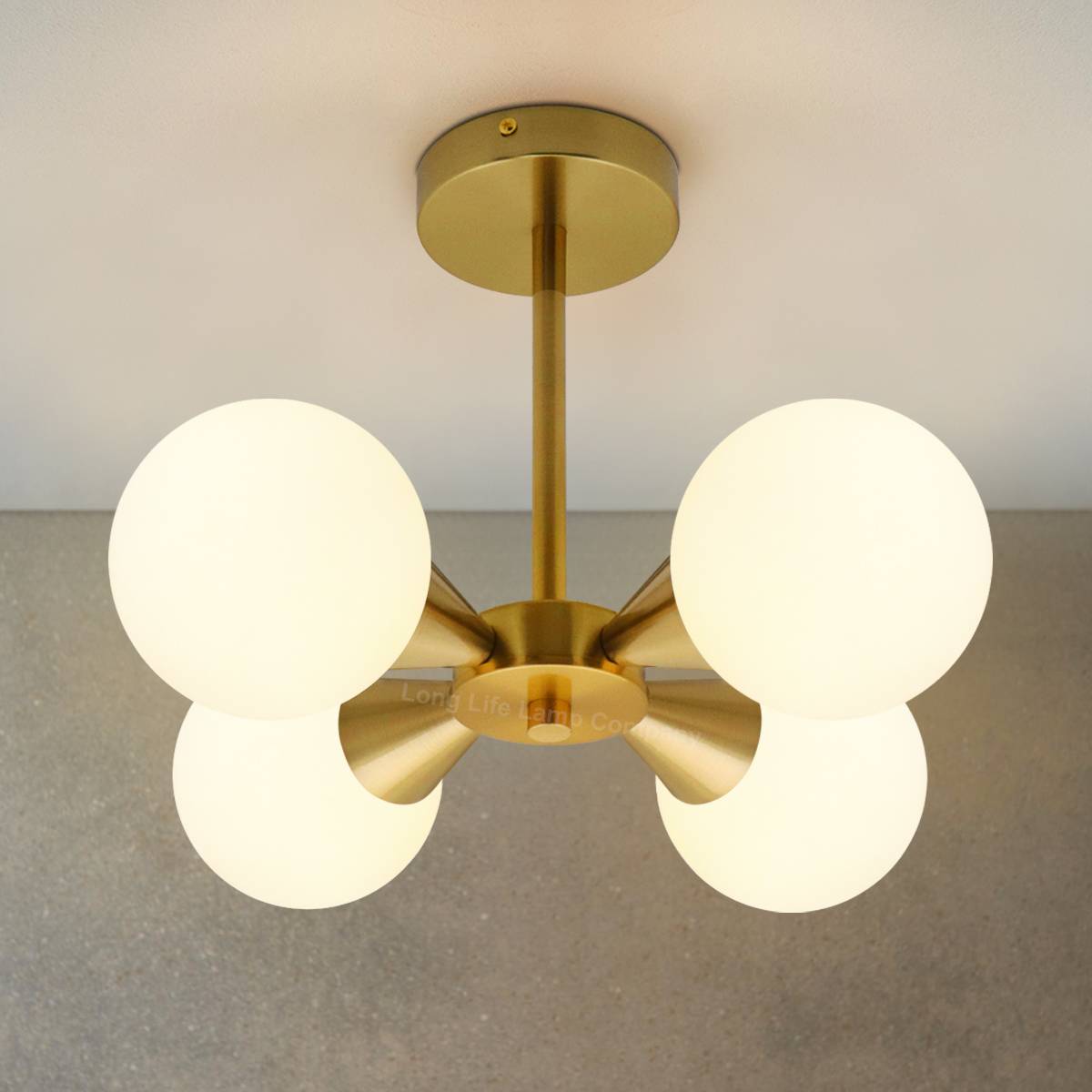 Energy Light Bulbs 4 Light Opal Globe Glass Semi Flush Ceiling Light - Brass - Image 5
