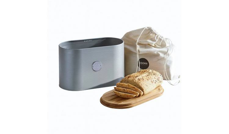 Cooks Professional Bread Bin, Linen Bag and Bamboo Board Set - Grey / Silver