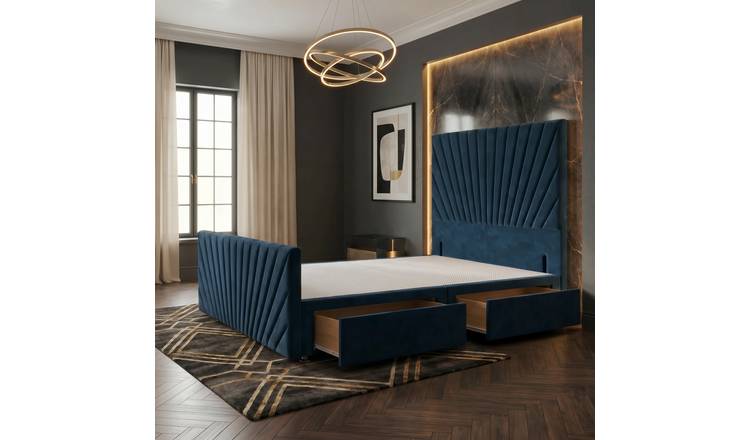 Somnior Velvet King 2 Drawer Divan Bed with Footboard & Headboard - Navy