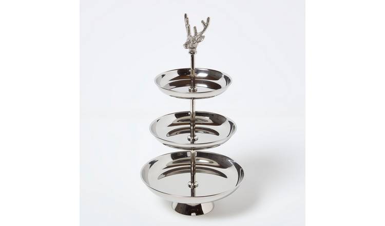 Homescapes Aluminium 3-Tier Display Stand with Stag Head – Silver