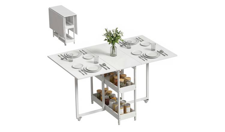 HOMCOM Folding Dining Table with Shelves and Wheels for Small Spaces - White