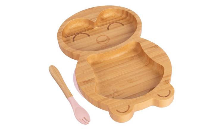 Tiny Dining Bamboo Penguin Baby Weaning Plate & Fork Set - Pastel Pink