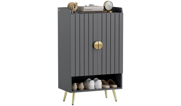 HOMCOM Fluted Shoe Cabinet with 2 Doors Adjustable Shelves - Grey