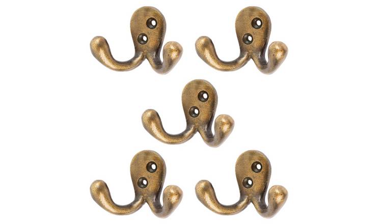 Hammer & Tongs Double Coat Hook - Brass - Pack of 5