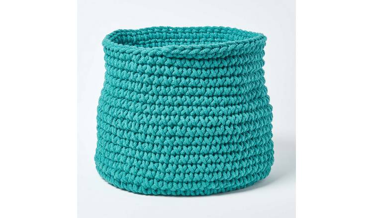 Homescapes Cotton Knitted Round Storage Basket - 42 × 37 cm - Teal Green