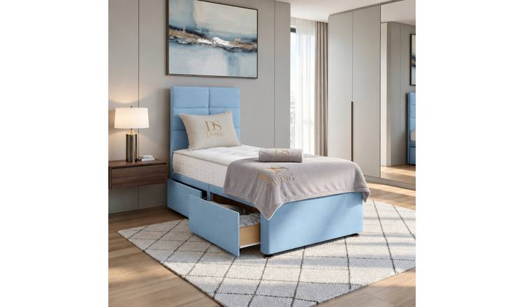 DS Living Opal Single 2 Drawer Upholstered Divan Bed Frame - Sky Blue