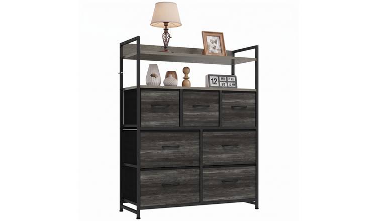 HOMCOM 7 Drawer Open Shelf Fabric Chest of Drawers – Grey Wood Effect