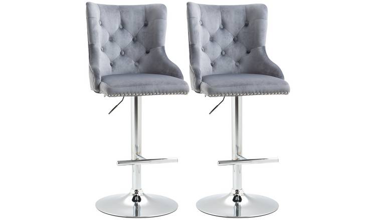 HOMCOM Set of 2 Velvet Bar Stoo with Button Tufted Back - Grey